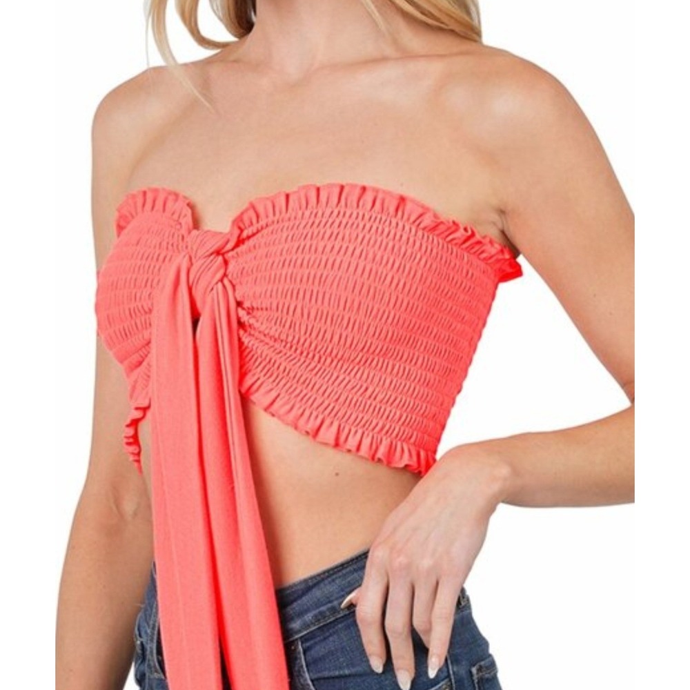 Zenana Neon Coral Pink Smocked Tie Front Tube Top French Terry Strapless 2X